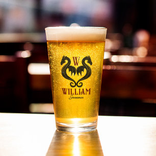 Red Black Gold Dragon Monogram Fantasy Wedding  Glass