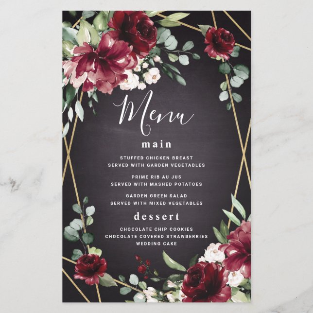 Red Black Gold Floral Elegant Wedding Menu Cards (Front)
