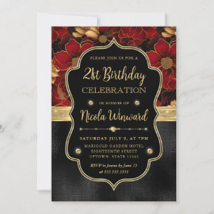 Red Black & Gold Floral Marble 21st Birthday Invitation