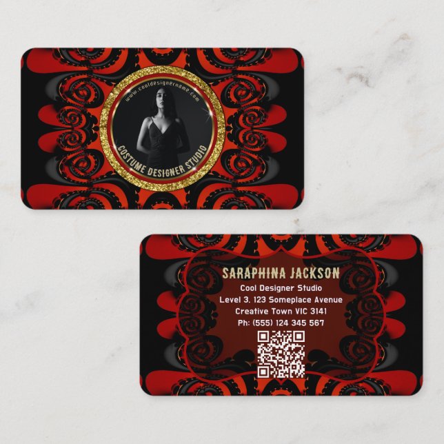 Red Black + Gold Funky Gothic Creative Business Card (Front/Back)