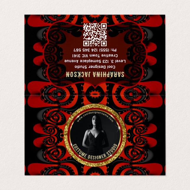 Red Black + Gold Funky Gothic Creative Business Card (Outside Unfolded)