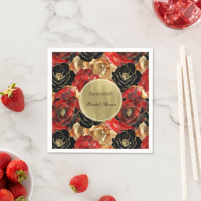 Red Black Gold Glam Floral Bridal Shower Napkin (Insitu)
