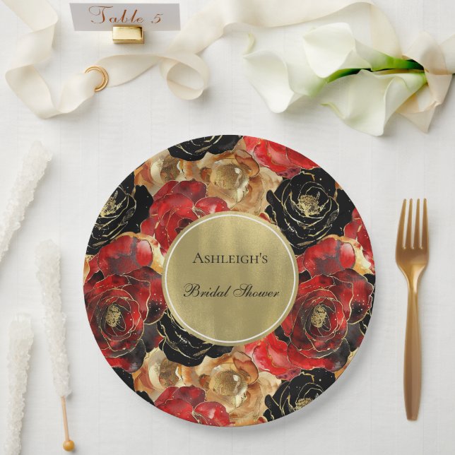 Red Black Gold Glam Floral Bridal Shower Paper Plate (Wedding)