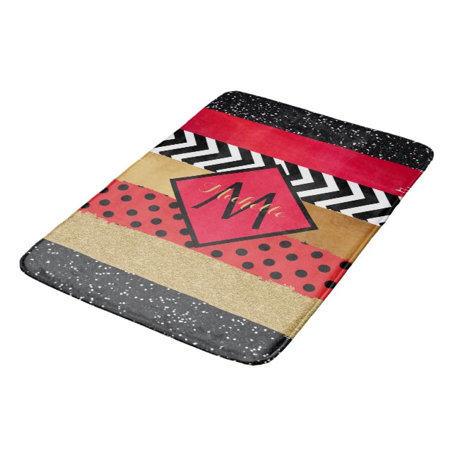 Red Black Gold Glitter Brush Stroke Monogrammed  Bath Mat (Angled)