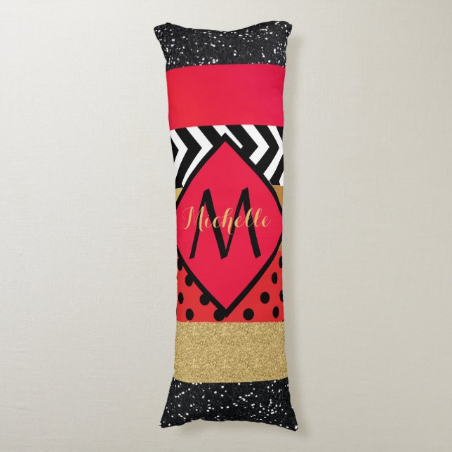 Red Black Gold Glitter Brush Stroke Monogrammed   Body Cushion (Front Vertical)