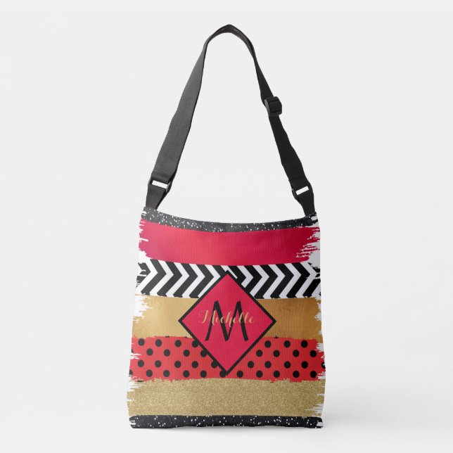 Red Black Gold Glitter Brush Stroke Monogrammed    Crossbody Bag (Front)