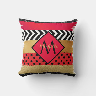 Red Black Gold Glitter Brush Stroke Monogrammed   Cushion
