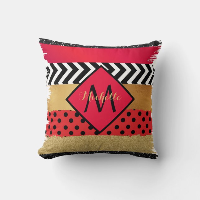 Red Black Gold Glitter Brush Stroke Monogrammed   Cushion (Front)