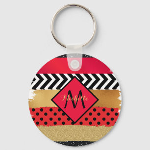 Red Black Gold Glitter Brush Stroke Monogrammed    Key Ring