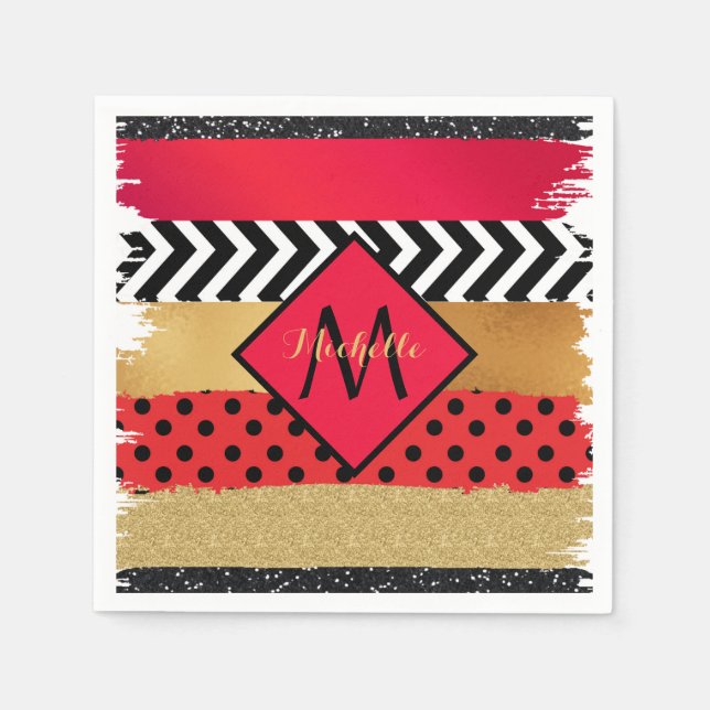 Red Black Gold Glitter Brush Stroke Monogrammed    Napkin (Front)