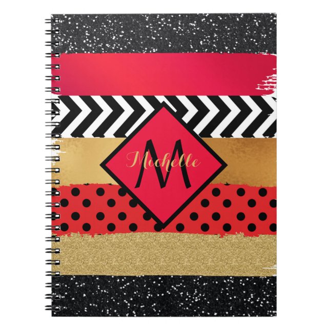 Red Black Gold Glitter Brush Stroke Monogrammed  Notebook (Front)