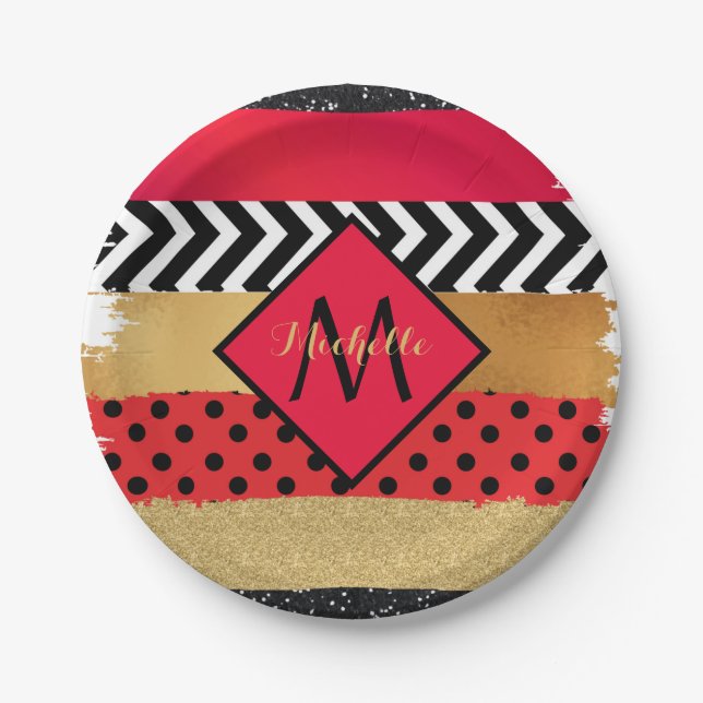 Red Black Gold Glitter Brush Stroke Monogrammed    Paper Plate (Front)