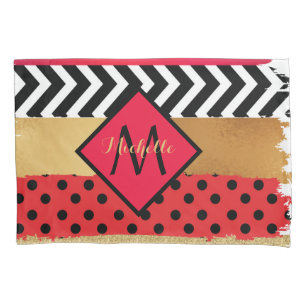 Red Black Gold Glitter Brush Stroke Monogrammed  Pillowcase