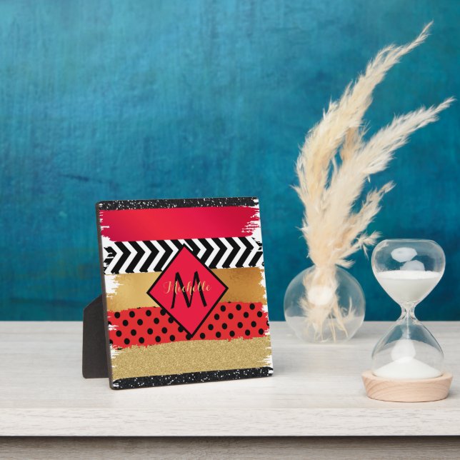 Red Black Gold Glitter Brush Stroke Monogrammed   Plaque (Insitu)