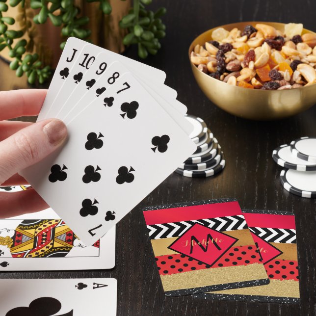 Red Black Gold Glitter Brush Stroke Monogrammed    Playing Cards (In Situ)