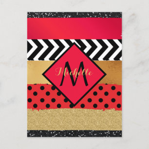 Red Black Gold Glitter Brush Stroke Monogrammed   Postcard