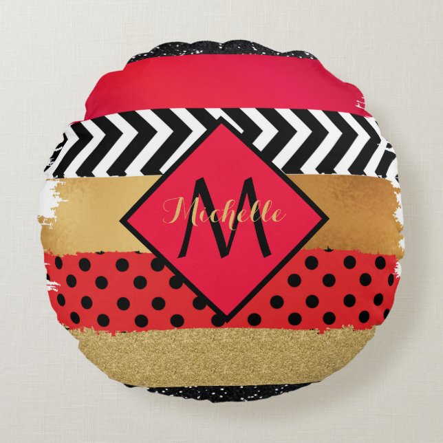 Red Black Gold Glitter Brush Stroke Monogrammed    Round Cushion (Front)