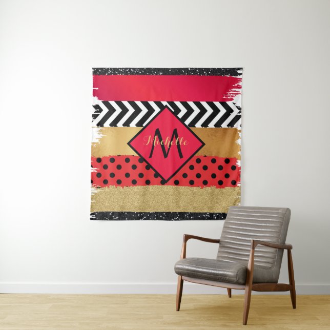 Red Black Gold Glitter Brush Stroke Monogrammed   Tapestry (In Situ)