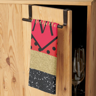 Red Black Gold Glitter Brush Stroke Monogrammed   Tea Towel
