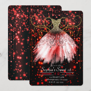 Red Black Gold Glitter Dress Sweet 16 Party Invitation