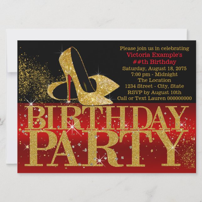 Red Black Gold Glitter High Heel Birthday Party Invitation (Front)