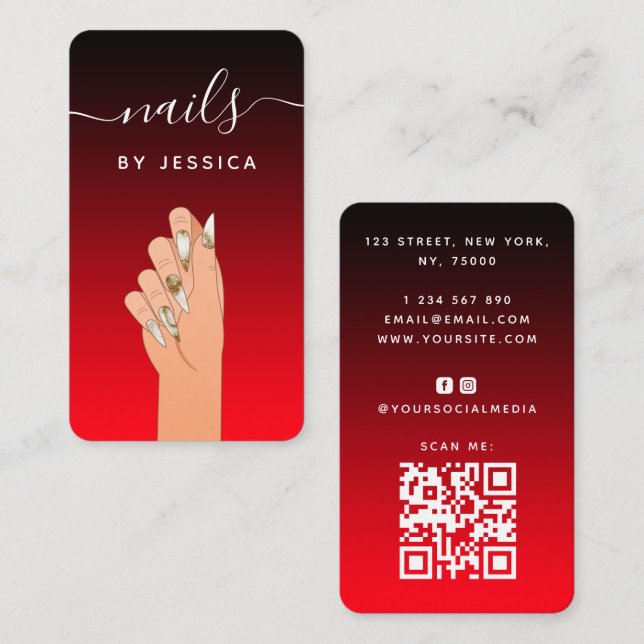Red Black Gold Glitter Marble Nail Artist QR Code Business Card (Front/Back)