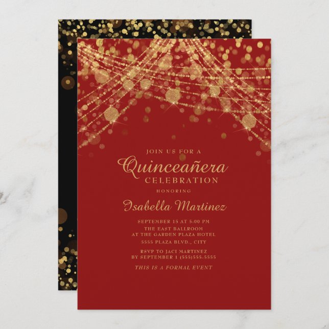 Red Black Gold Glitter String Lights Quinceañera Invitation (Front/Back)