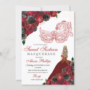 Red Black Gold Glitter Sweet 16 Masquerade Invitation