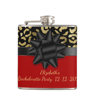 Red Black Gold Leopard Print Bachelorette Party Hip Flask