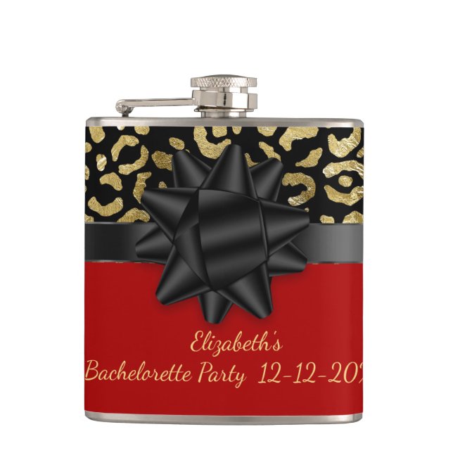  Red Black Gold Leopard Print Bachelorette Party Hip Flask (Front)