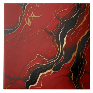 Red black gold Marbled Swirl Lines Ceramic Tile
