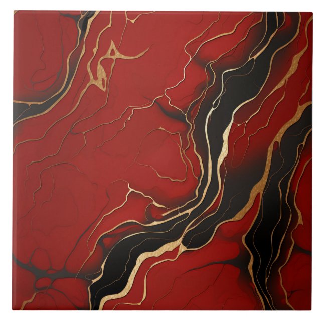 Red black gold Marbled Swirl Lines Ceramic Tile (Front)