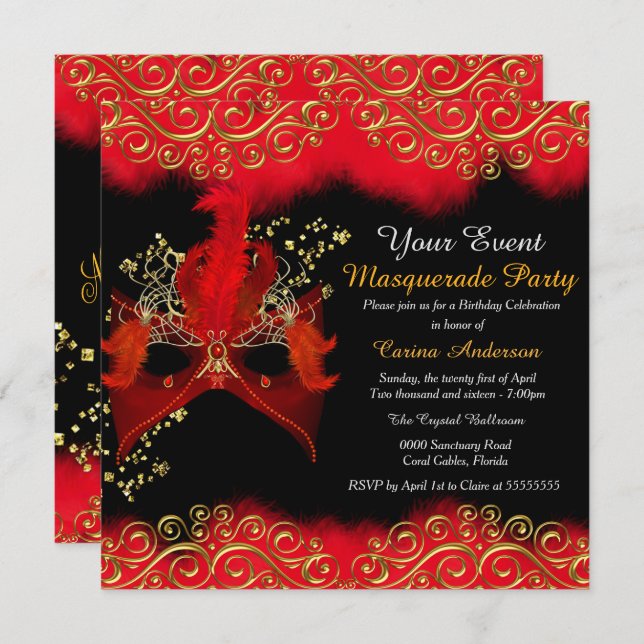 Red Black Gold Mask Masquerade Birthday Party Invitation (Front/Back)