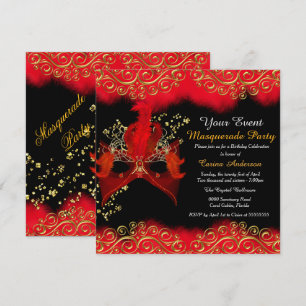 Red Black Gold Mask Masquerade Birthday Party Invitation