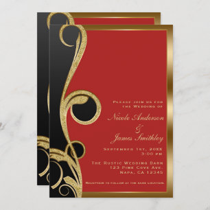 Red Black & Gold Modern Glam Elegant Swirl Wedding Invitation