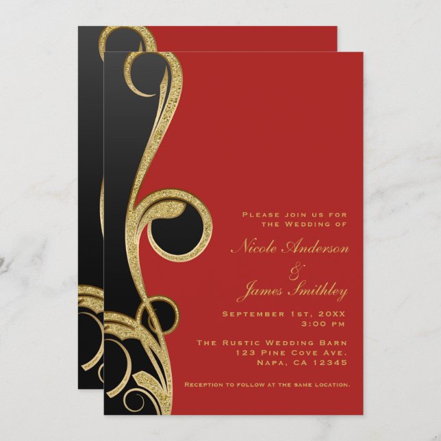 Red Black & Gold Modern Glam Elegant Swirl Wedding Invitation (Front/Back)