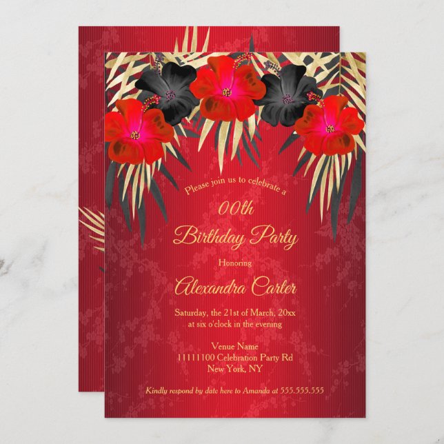 Red Black Gold Palms Hibiscus Damask Birthday Invitation (Front/Back)