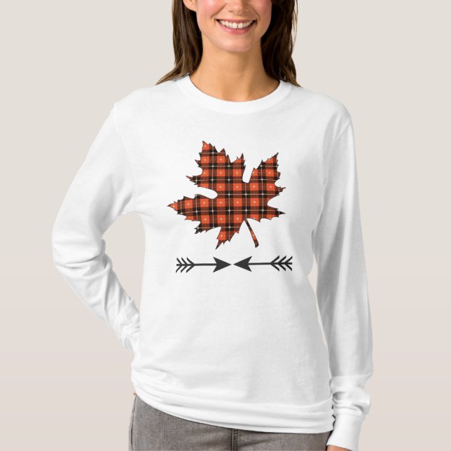 Red Black Gold Plaid Maple Leaf T-Shirt (Front)