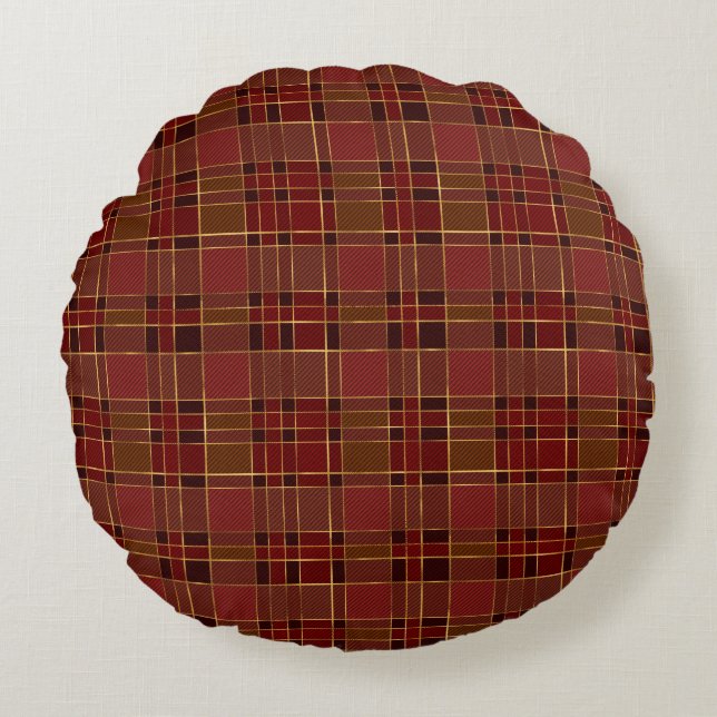 Red Black Gold Plaid Round Cushion (Front)