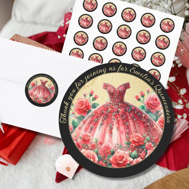 Red Black Gold Quinceañera Dress Thank You Gifts Classic Round Sticker (Creator Uploaded)