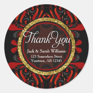 Red Black + Gold Thank You round Stickers