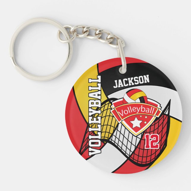 Red, Black, Gold & White Volleyball Design Key Ring (Front)