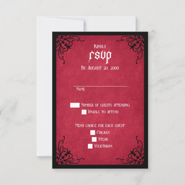 Red Black Gothic Wedding RSVP Card (Front)