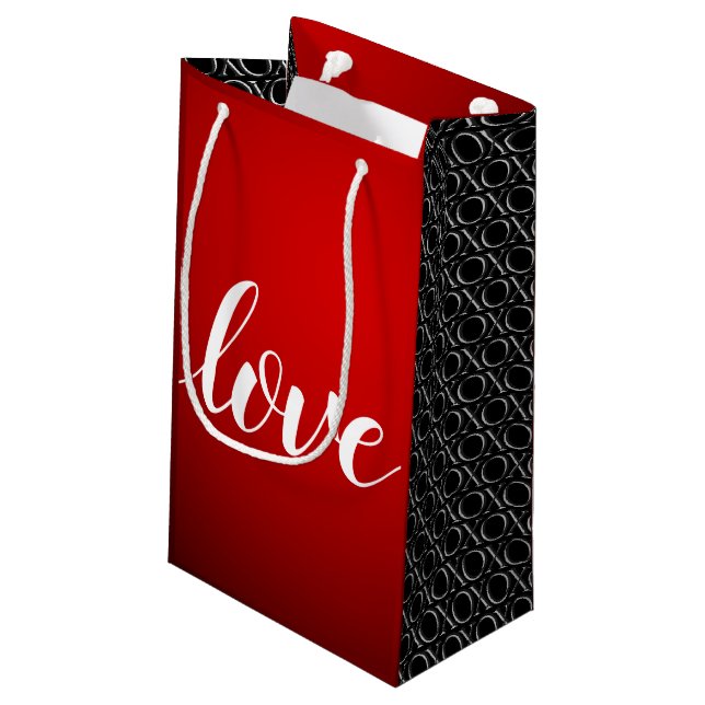 Red Black Gradient Embossed XOXO Handwritten Love Small Gift Bag (Back Angled)