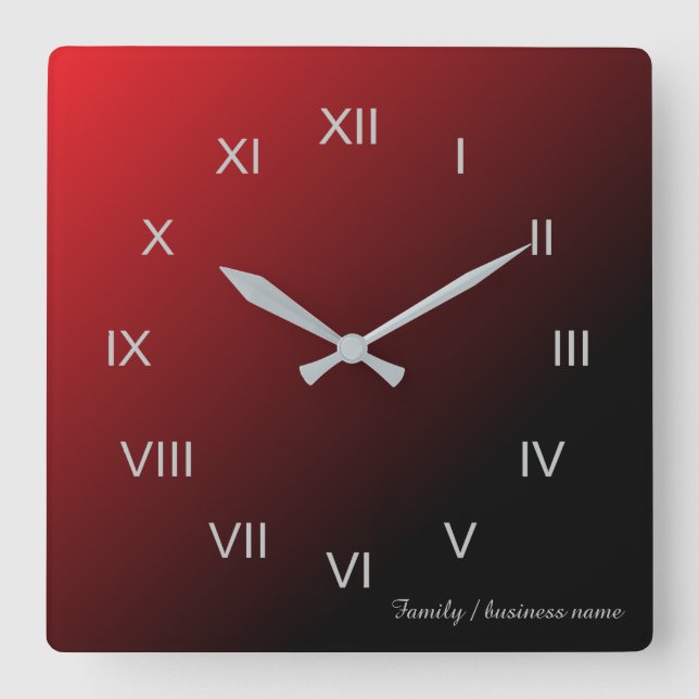 Red Black Gradient Family Business Name Square Wall Clock (Front)
