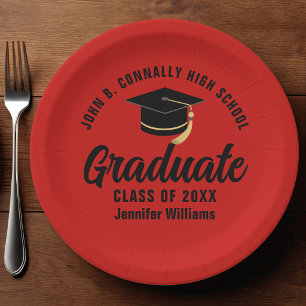 Red Black Graduate Personalised Graduation Party Paper Plate