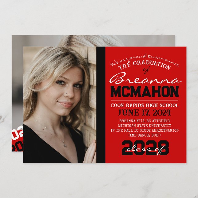Red & Black Graduation 2 Photo Announcement ( Repeating Class Year 1 & 2 Photo Graduation Invitations & Announcements)