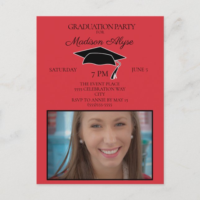 Red Black Graduation Cap Grad Party Photo Postcard (Front)