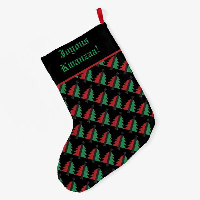 Red Black Green Christmas Tree Pattern Kwanzaa Large Christmas Stocking (Back (Hanging))