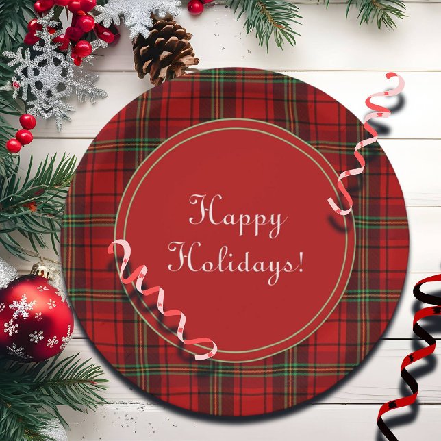 Red Black Green Cosy Plaids Happy Holidays Paper Plate (Creator Uploaded)